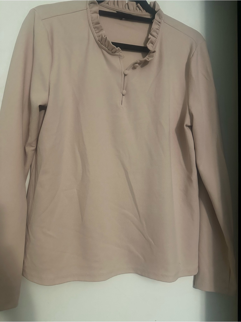 Ann Taylor Long Sleeve Ruffle-Neck Shirt in Light Taupe